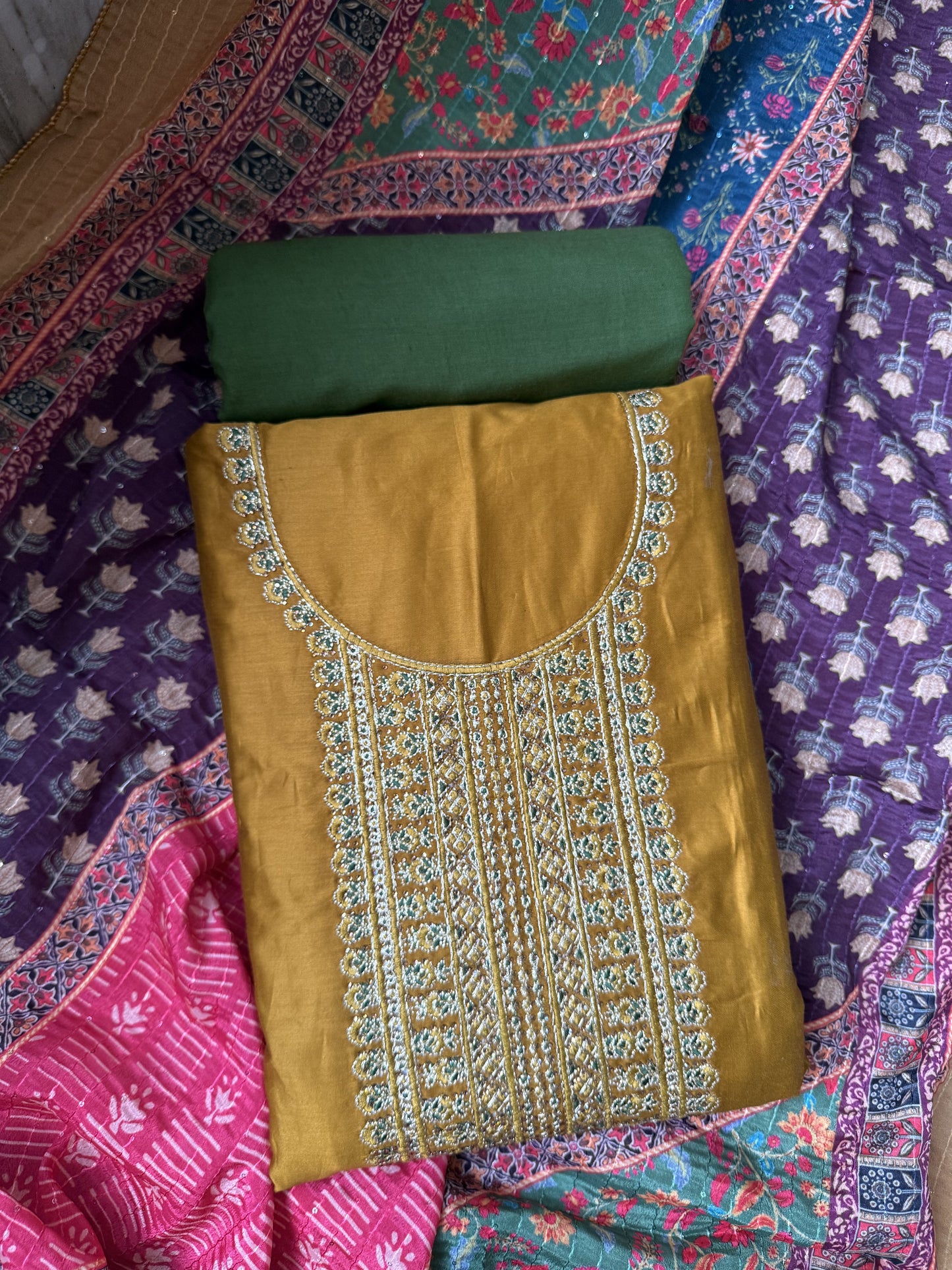 Embellished Cotton Unstitched Salwar Suit with Pure cotton bottom and Fancy Dupatta (DCUS00017)