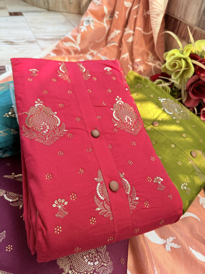 Elegant unstitched salwar suits in pure cotton with thread work and chiffon dupatta (DCUS00009)