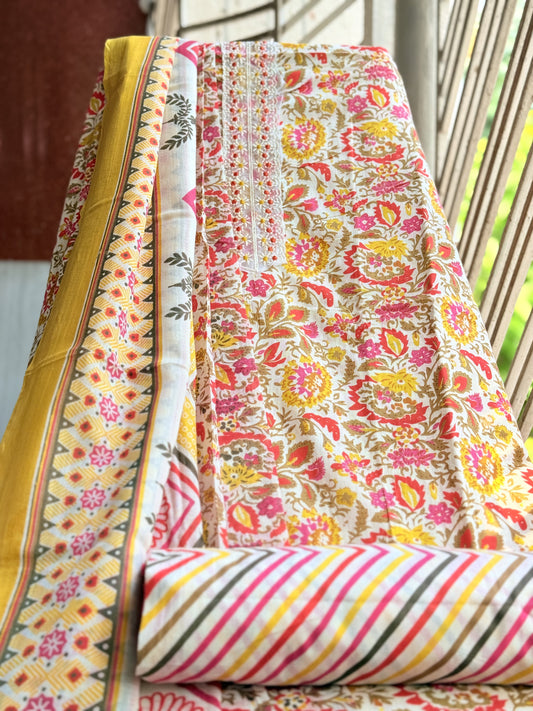 Unstitched cotton salwar suit with vibrant printed dupatta (DCUS00045)