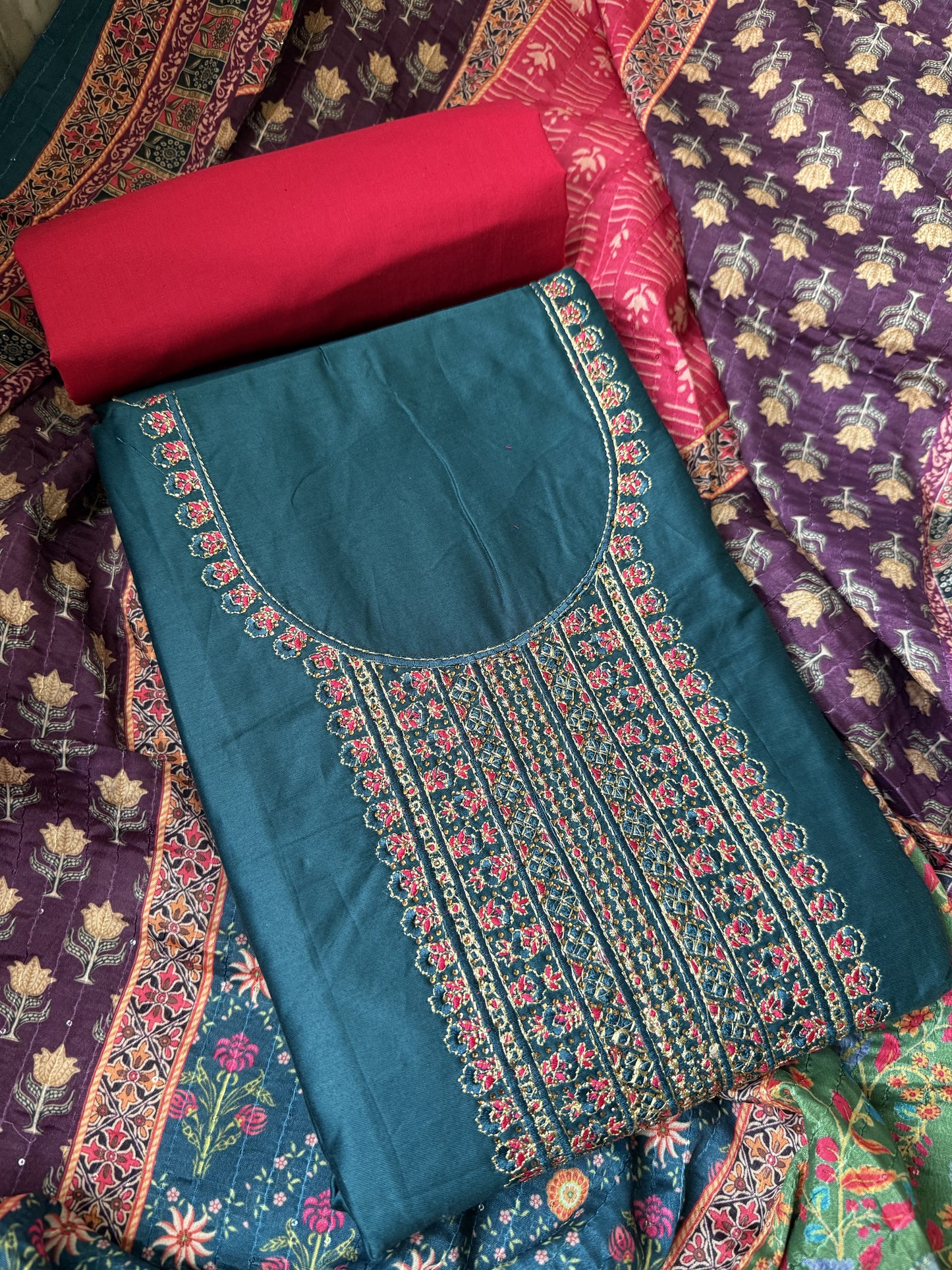 Embellished Cotton Unstitched Salwar Suit with Pure cotton bottom and Fancy Dupatta (DCUS00019)