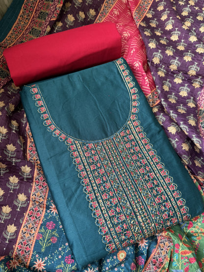 Embellished Cotton Unstitched Salwar Suit with Pure cotton bottom and Fancy Dupatta (DCUS00019)