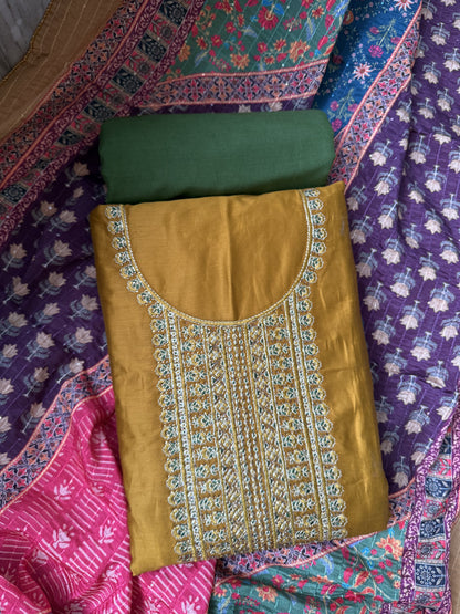 Embellished Cotton Unstitched Salwar Suit with Pure cotton bottom and Fancy Dupatta (DCUS00017)