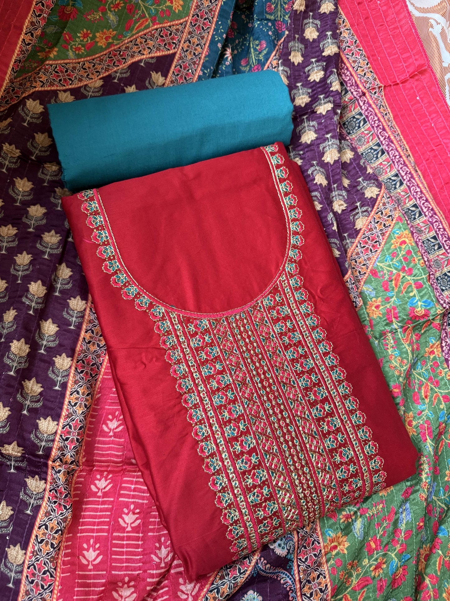 Embellished Cotton Unstitched Salwar Suit with Pure cotton bottom and Fancy Dupatta (DCUS00018)
