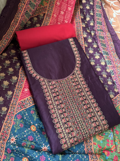 Embellished Cotton Unstitched Salwar Suit with Pure cotton bottom and Fancy Dupatta (DCUS00020)