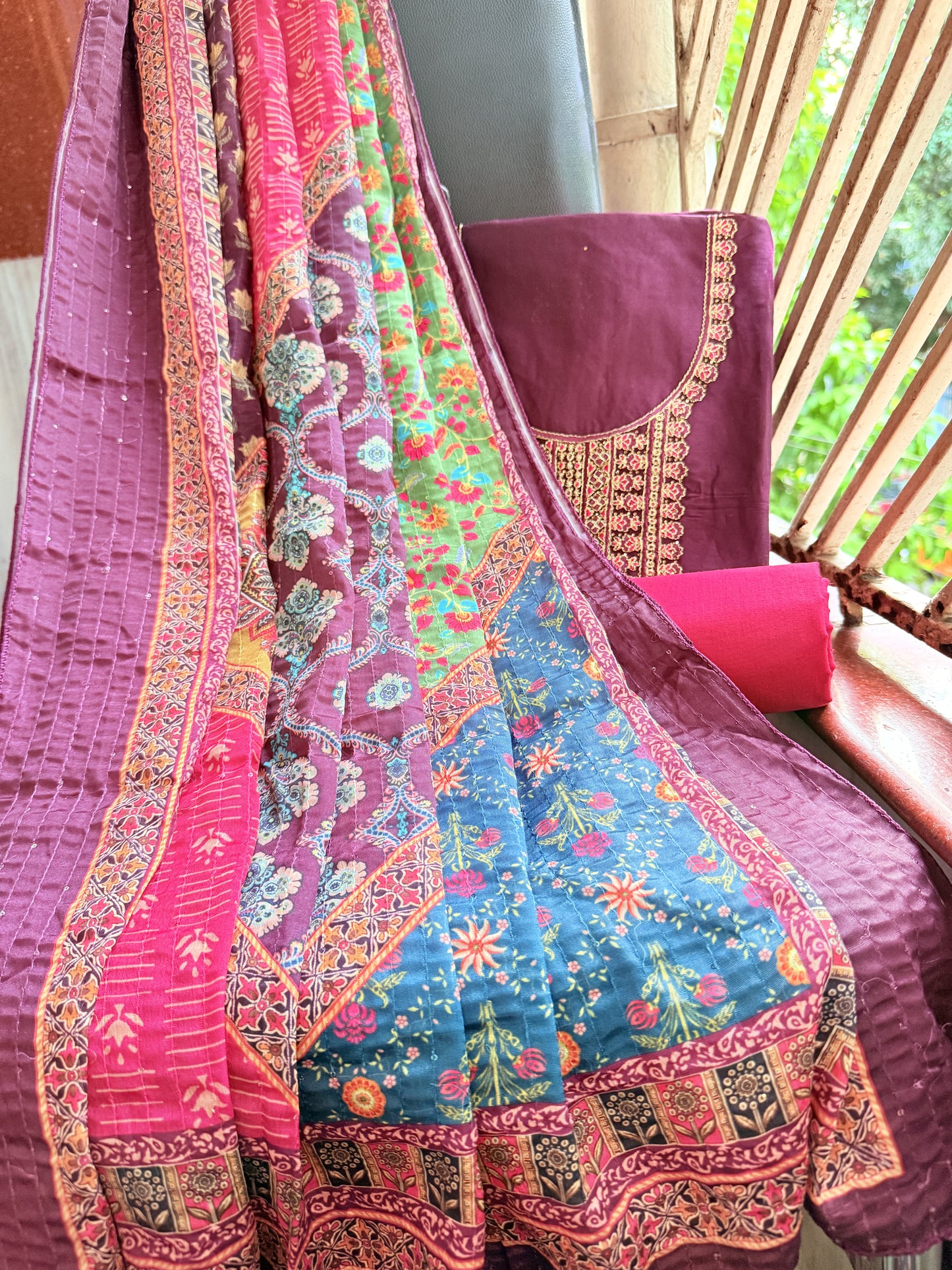 Embellished Cotton Unstitched Salwar Suit with Pure cotton bottom and Fancy Dupatta (DCUS00020)